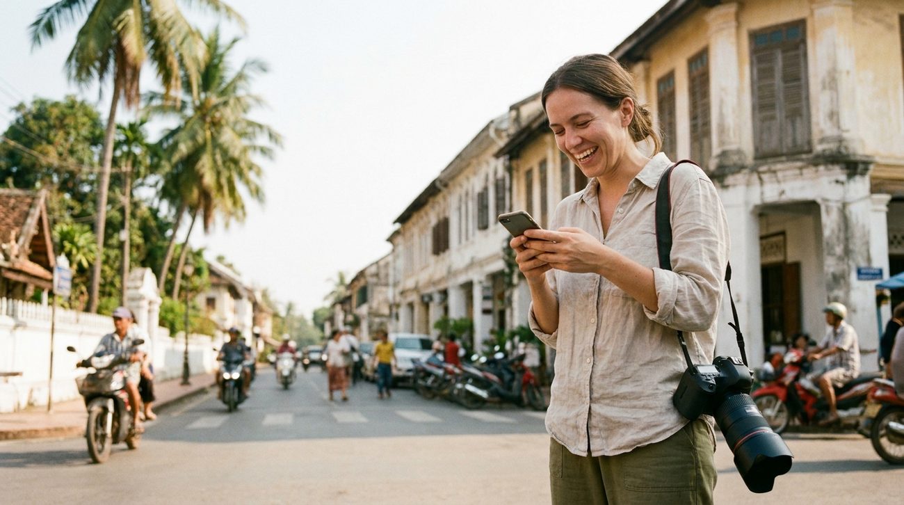 A photographer checking her phone on a street in tropical Asia